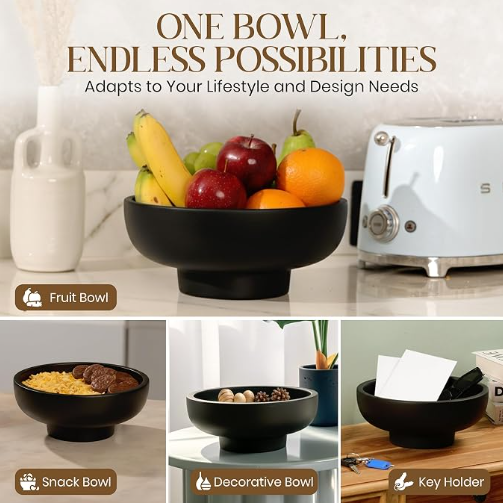 Lani Athletics concrete bowl shown styled as a fruit bowl, snack bowl, decorative bowl, and key holder