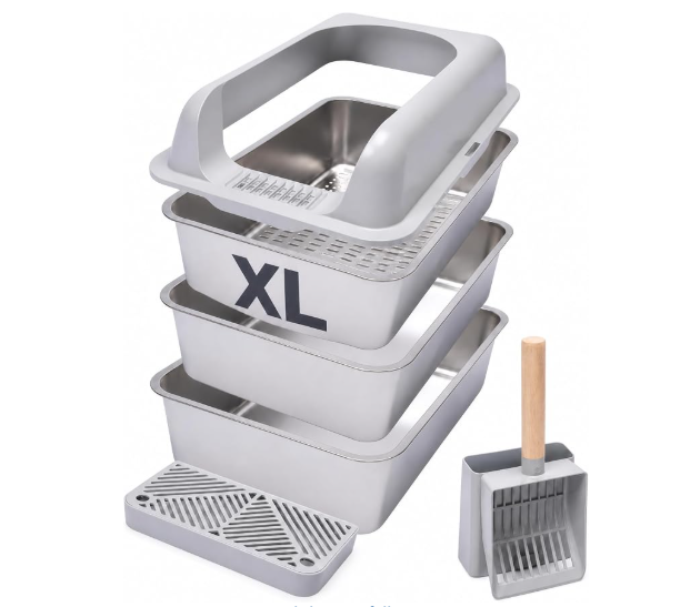 CVG Goods XL Stainless Steel Sifting Cat Litter Box with high sides, sifting trays, drip tray, and scoop