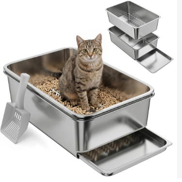 Cat sitting inside the CVG Goods XL stainless steel sifting litter box filled with pellet litter