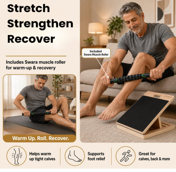 Man rolling his calf with the included Swara muscle roller while resting his foot on the wooden slant board