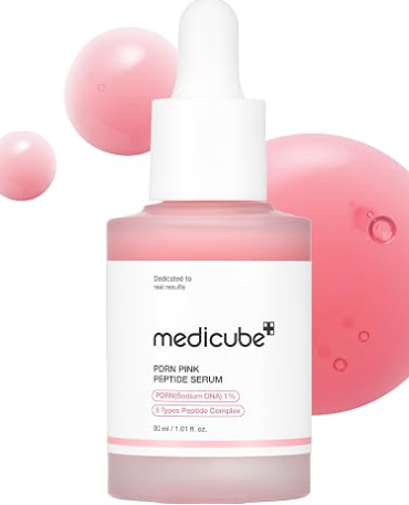 Medicube PDRN Pink Peptide Serum bottle with dropper, shown with pink serum drops and texture swatches