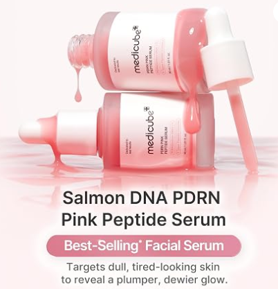 Two Medicube PDRN Pink Peptide Serum bottles with dropper application, labeled Best-Selling Facial Serum, targets dull tired-looking skin