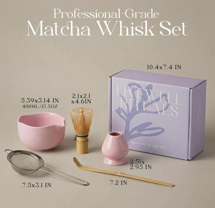 LiveWell Rituals Pink Matcha Kit product dimensions showing the ceramic bowl, bamboo whisk, sifter, scoop, ladle, and gift box sizing
