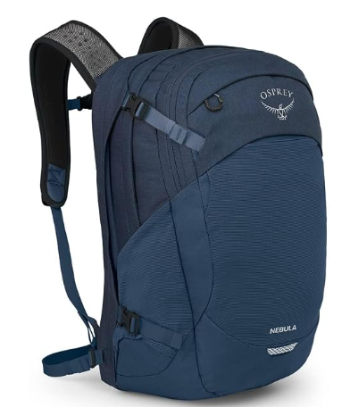 Navy blue Osprey Nebula commuter backpack shown in a clean front three-quarter product shot